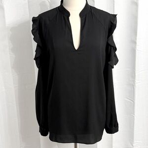 Ann Taylor Women's Long Sleeve Cold Shoulder Ruffle Blouse, Black, Size XXL